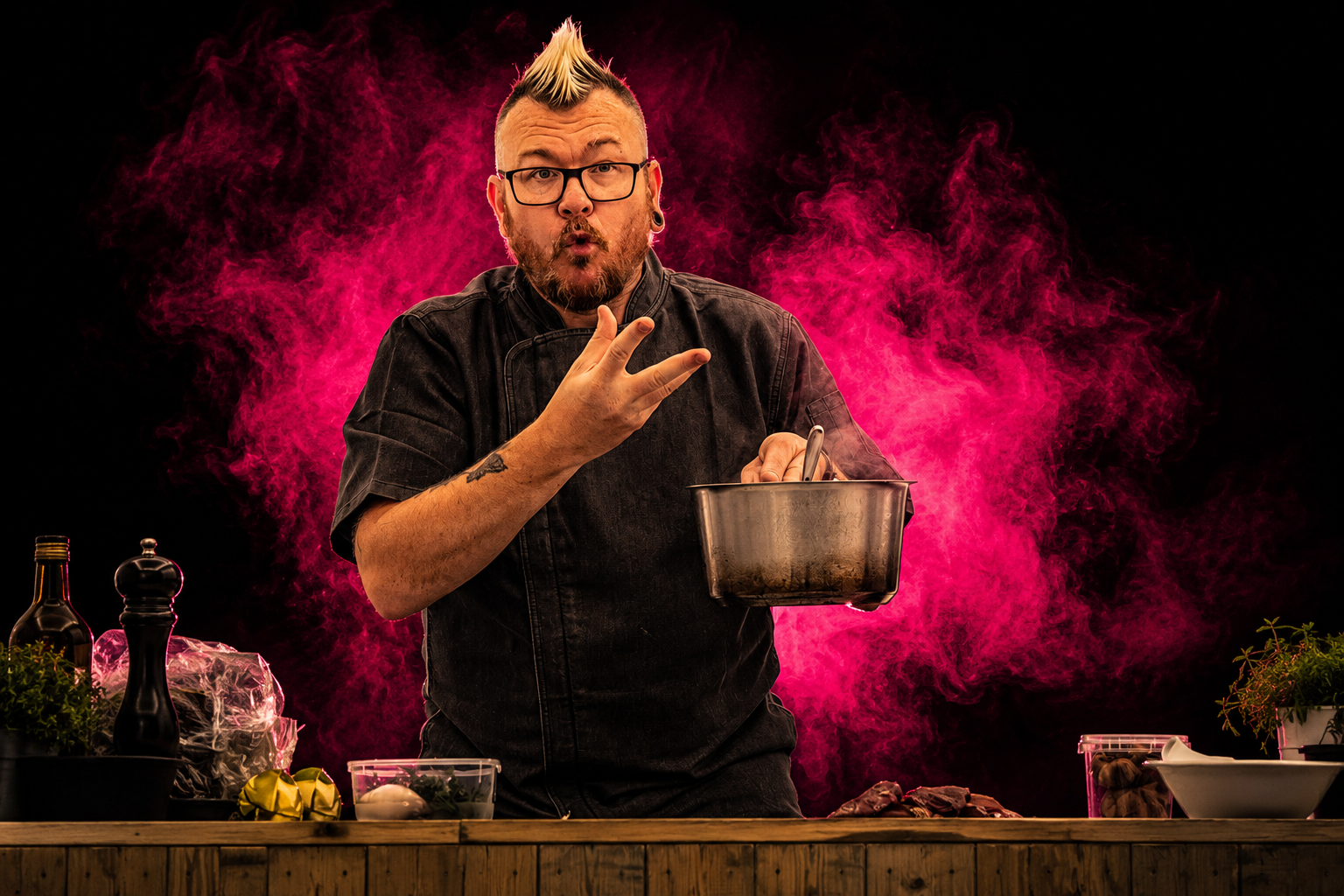 Punk Chef cooking against a vivid pink smoke backdrop